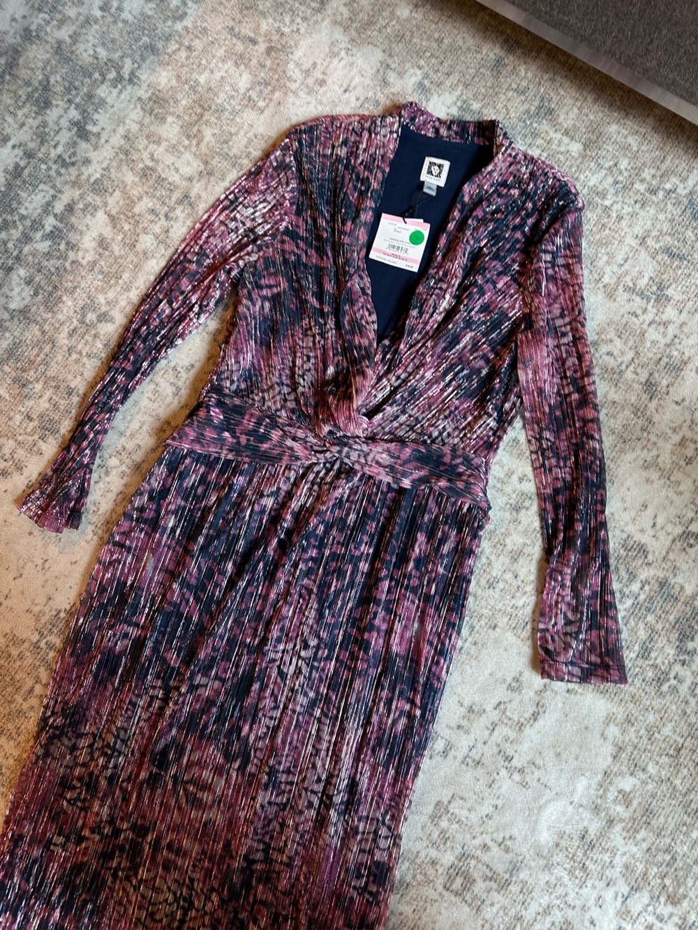 Anne Klein Metallic Stripe Lotus Pink Multi Long Sleeve Midi Dress Size 10 NWT - Picture 4 of 6